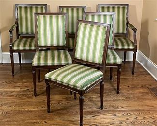 SET OF 6 BAKER DINING CHAIRS | Set of six chairs by Baker Furniture with striped green upholstery and spring seats, two with armrests, carved fluted legs; h. 39 x 22-1/2 x 19 in. 
