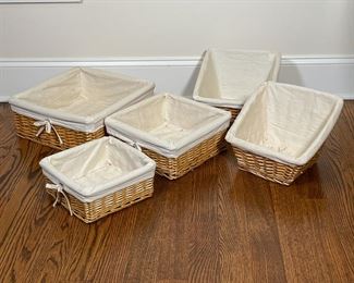 (5pc) NESTING WICKER BASKETS | With linen lining; largest 16 x 16 x 6-1/2 in. 