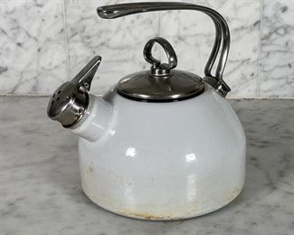 CHANTAL ENAMEL TEA KETTLE | White enamel water kettle with lid and handle cover; h. 8-1/2 x dia. 7 in. 