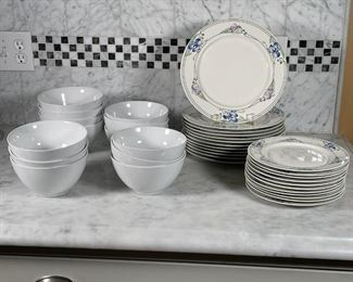 (39pc) DINNERWARE SET | 12pc dinner plates (10-1/2 in.) and 12pc salad plates (8-1/4 in.) by Villeroy & Boch, 13pc white IKEA bowls (6-1/2 in.), pair green IKEA mugs 