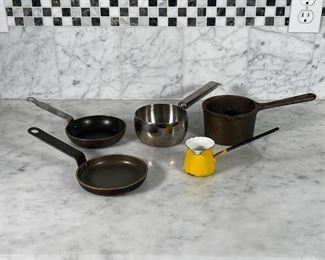 (5pc) TINY POTS AND PANS | Two small non-stick one egg pans, enamel tin creamer with long handle, Lodge sauce pot 2MP2, and "Jnox 18/10" sauce pot 