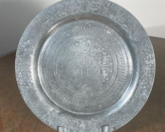 ETCHED CHINESE PEWTER PLATE | Floral and nature patterns; dia. 11-1/4 in. 