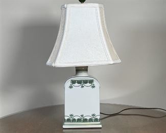 CERAMIC LAMP | Painted with green patterns and gilt accent lines; 19 in.; tested and turns on 