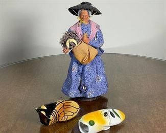 (3pc) WHEAT HARVESTING LADY AND CICADAS | French doll of a lady harvesting wheat with a little scythe (h. 11 in.), also includes souvenir ceramic cicadas 