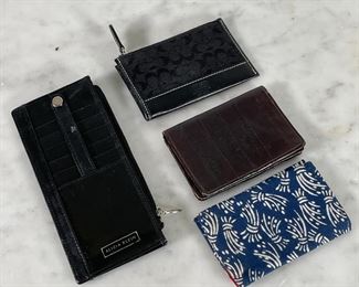 (4pc) CARD WALLETS | Makers include Alicia Klein and coach, one labeled "Genuine Eelskin" and one appears to be handmade of linen; largest 6-3/4 x 3 in. 