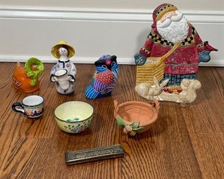 (8pc) MISC SOUVENIRS | Cloisonne Chinese bowl, childs teacup, owl, goose with bonnet, and lady with vessel "Denmark" on bottom (6-1/2 in.), Santa plate, Italian pottery mini bowl, El Periodico paperweight 
