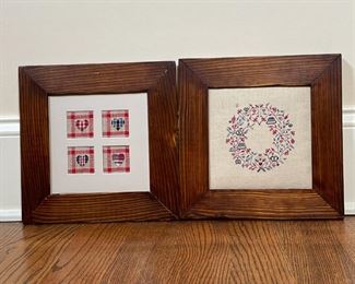 PAIR WHOLESOME CROSS STITCH PATTERNS | signed on back "Fait main por: Paula Ernenwein"; 11 x 11 in. overall; one frame requires careful handling 