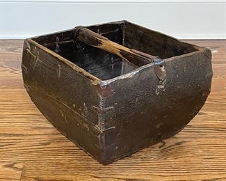 LACQUERED WOOD BASKET | laquer with alligatoring, convenient handle, cigar box joinery, metal handware; h. 9-1/2 x 12-1/2 x 12-1/2 in. 