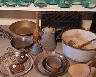 Canning Jars, Copper Boiler, Primitive Kitchen Items. Graniteware pieces including unusual funnel.
