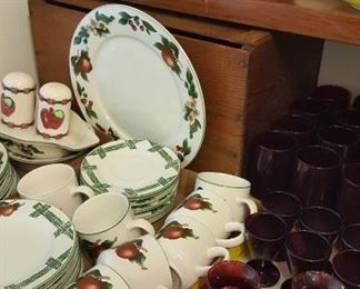 Apple Dishes, cookie jar, and Royal Ruby Glass