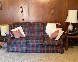 Plaid Sofa, Throw Pillows, Blanket, Goat with Plastic Cactus, End Table, Ceramic Lamp