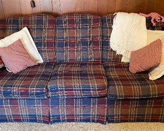 Plaid Sofa, Throw Pillows, Blanket, Goat with Plastic Cactus, End Table, Ceramic Lamp