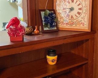 Assorted Yearbooks, Hand Embroidered Fabric Clock Encased, Floral Art Framed, Handmade Pottery Signed, Mini Pottery Jug, Candle Votive Pottery