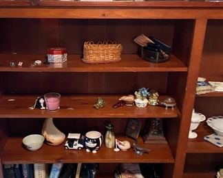 Floral Vase Wall Sconces, Wall Decor, Westmoreland Milkglass Candy Dish, Hand Forged Aluminum with Glass Dish Insert, Trinket Dish, Handmade Pottery Tealight Candle Holder, Assorted Collectibles, Assorted Books, Mini Golf Cart, Hand Painted Bird Feeder