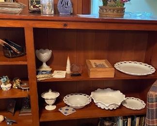 Assorted Collectibles, Hand Tossed Pottery with Plastic Cactus, Tea Light Hand Made Container, Assorted Milkglass, Wooden Box, Assorted Books, Collection of Rocks, Coasters