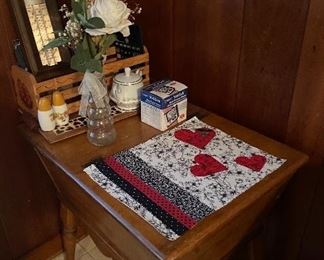 Rock Maple End Table with Storage Area, Heart Placemat, Salt & Pepper Shakers Corning Ware, Glass Vase with Silk Roses, Hand Painted Wooden Box