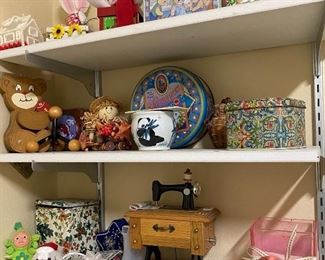 Assorted Collectibles, Music Box Sewing Machine, Santa Box, Assorted Vases, Hand Crafted & Painted Wooden Bear, Asian Trinket Bowl, Tins, Christmas Decor