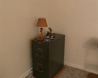 Metal File Cabinet, Hand Crafted Wooden Barrel Lamp, Wall Clock