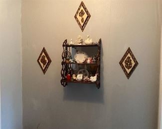 Wall Decor Diamond Shape, Wooden Shelf Display, Assorted Collectibles