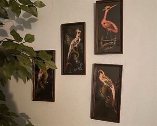 Vintage Hand Painted Birds & Real Feathers Framed Under Glass Mexican Folk Art Wall Hanging 40's/50's