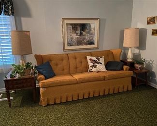 Vintage Colonial Style Sofa, End Tables Inlaid Marble, Table Lamps, Wall Art, Throw Pillows