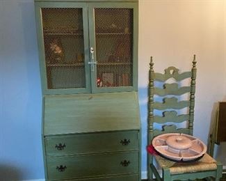 Antique Repurposed Secretary, Antique Ladder Back Reed Woven Seat Chair Repurposed, Frazier Ceramic Lazy Susan