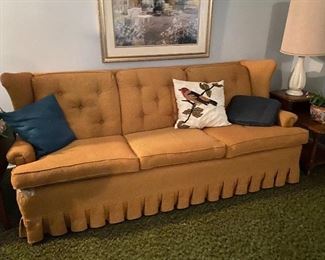 Vintage Colonial Style Sofa, End Tables Inlaid Marble, Table Lamps, Wall Art, Throw Pillows