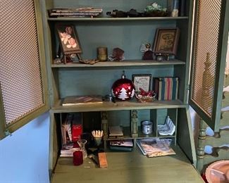 Antique Repurposed Secretary, Antique Ladder Back Reed Woven Seat Chair Repurposed, Frazier Ceramic Lazy Susan, Assorted Collectibles