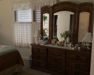 Dresser with Mirror, Hobnail Vanity Lamps Milkglass, Doilies, Hand Held Mirrors, Trinket Containers