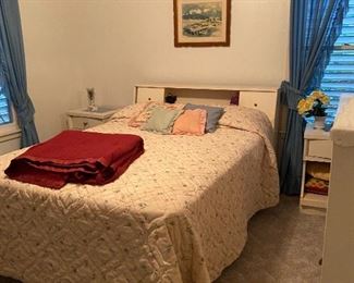 Full Size Bedroom Set Mid Century Modern Headboard & Footboard, Nightstands, Chest of Drawers White Lacquer Finish, R.D. Cline Watercolor, Curtains