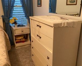 Mid Century Modern Headboard & Footboard, Nightstands, Chest of Drawers White Lacquer Finish, Curtains