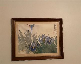 Framed & Signed Watercolor Iris' & Hummingbird