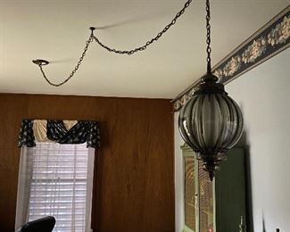 Vintage Swag Smokey Gray Lamp, Repurposed Secretary, Ladder Back Woven Seat Chair, Computer Office Chair, Magazine Rack