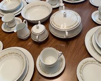 Noritake China Daisy Pattern, Dining Room Table with Cane Back Chairs