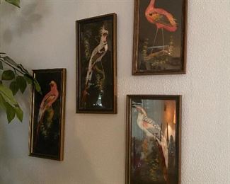 Vintage Hand Painted Birds & Real Feathers Framed Under Glass Mexican Folk Art Wall Hanging 40's/50's