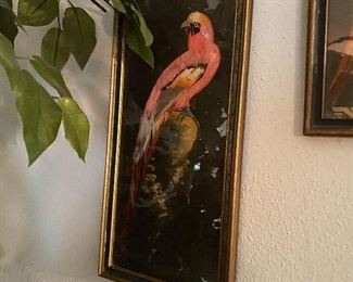 Vintage Hand Painted Birds & Real Feathers Framed Under Glass Mexican Folk Art Wall Hanging 40's/50's