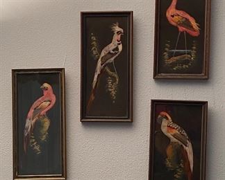 Vintage Hand Painted Birds & Real Feathers Framed Under Glass Mexican Folk Art Wall Hanging 40's/50's
