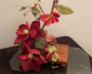 Glass Table Cover, Silk Floral Arrangement on Wooden Base