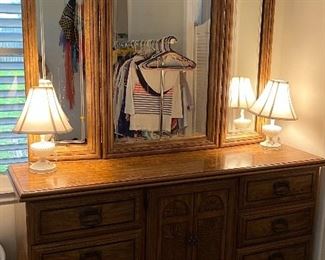 Dresser with Mirror, Hobnail Vanity Lamps Milkglass