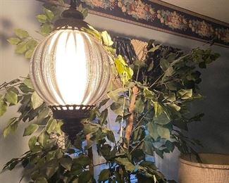 Vintage Swag Smokey Gray Lamp, Silk Ficus Tree in Pot