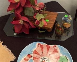 Hand Painted Cat Serving Dish, Silk Magnolia Floral Arrangement