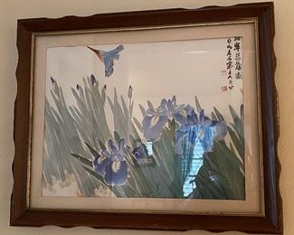 Framed & Signed Watercolor Iris' & Hummingbird