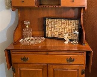 Rock Maple Bar, Cork Inlaid Serving Tray, Serving Platter, Bowl, Vintage Ice Bucket, Hand Crafted Wooden Menorah, Hand Crafted Coral Tree on Base, Coors Mixer