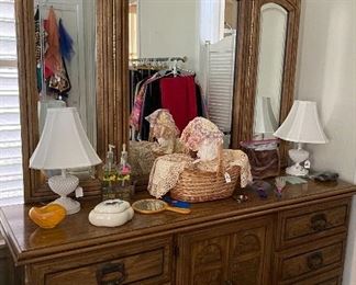 Dresser with Mirror, Hobnail Vanity Lamps Milkglass, Doilies, Hand Held Mirrors, Trinket Containers