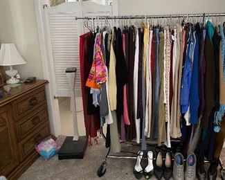 Assorted Women's Clothing & Shoes, Homedics Floor Scale, Hobnail Milkglass Boudoir Lamps, Dresser with Mirror
