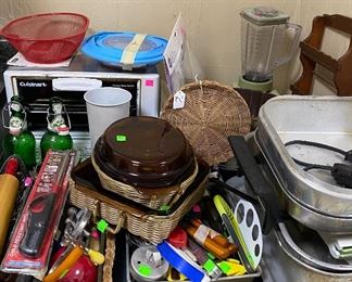 Assorted Kitchen Household Items, Cuisinart Toaster Oven, Roasting Pans, Electric Skillet, Blender, Casserole Dishes with Wicker Baskets