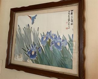 Framed & Signed Watercolor Iris' & Hummingbird