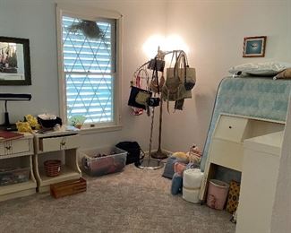 Full Size Bedroom Set Mid Century Modern Headboard & Footboard, Nightstands, Chest of Drawers White Lacquer Finish, R.D. Cline Watercolor, Curtains, Purses, Blankets, Wall Mirror