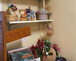 Assorted Collectibles, Assorted Vases & Baskets, Hand Crafted & Painted Wooden Bear, Hand Crafted & Painted Pineapple Wooden Box, Tins, Christmas Decor, Vinyl Records