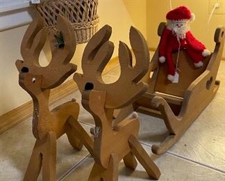 Hand Crafted Wooden Sleigh and Reindeer, Woven Basket, Santa